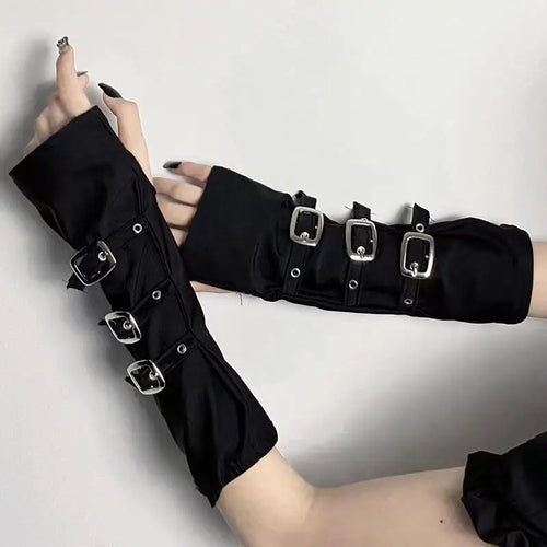 Dark Gothic Metal Buckle Half Open Finger Wristband Gloves Wrist Strap Arm Warmer Punk Cosplay Halloween Costume Accessories - www.sixcolors.us