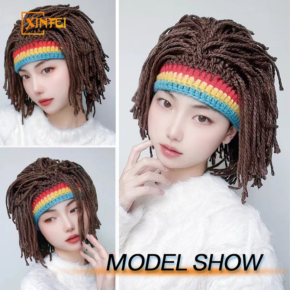 XINFEI Jamaican Knitted Wig Braid Hat Unisex Hair Hat Handmade Fancy Wig Caps Halloween Ghost House Wig Black - www.sixcolors.us