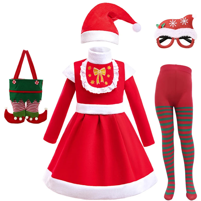 2024 Winter Kids Plush Warm Role Play Santa Claus Christmas Dress for Girls 2-8Years Xmas Baby Masquerade Elegant Party Clothes