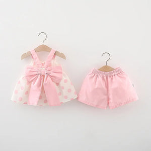 2Pcs/Set Sweet Polka Dot Baby Girl Children Clothes Suit Summer Sleeveless Bow Sling + Tendon Shorts Casual Kids Costume 0 To 3Y