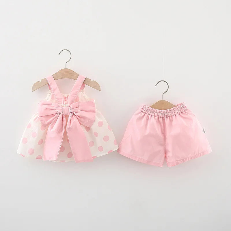 2Pcs/Set Sweet Polka Dot Baby Girl Children Clothes Suit Summer Sleeveless Bow Sling + Tendon Shorts Casual Kids Costume 0 To 3Y