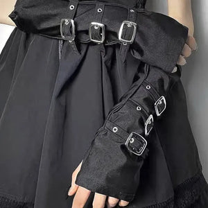 Dark Gothic Metal Buckle Half Open Finger Wristband Gloves Wrist Strap Arm Warmer Punk Cosplay Halloween Costume Accessories - www.sixcolors.us