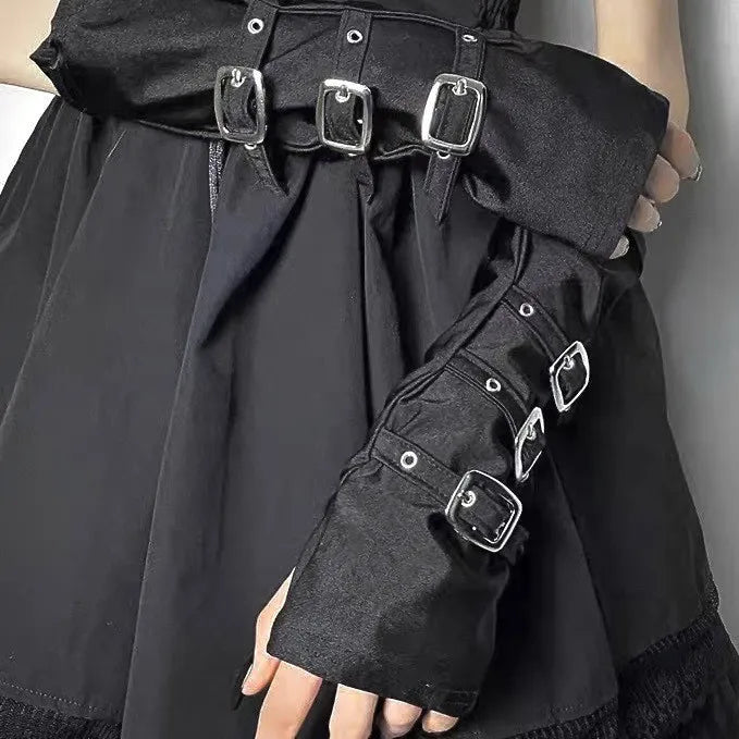 Dark Gothic Metal Buckle Half Open Finger Wristband Gloves Wrist Strap Arm Warmer Punk Cosplay Halloween Costume Accessories - www.sixcolors.us