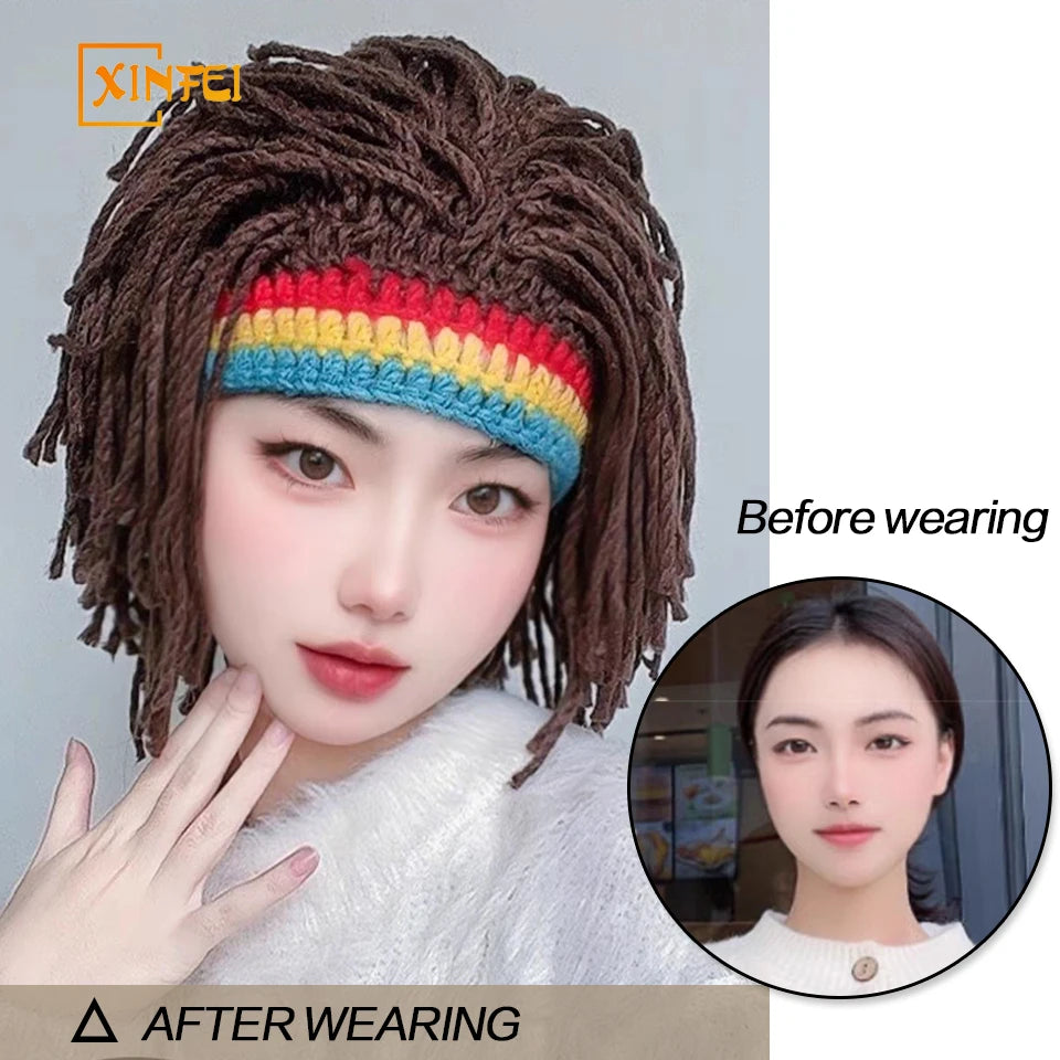 XINFEI Jamaican Knitted Wig Braid Hat Unisex Hair Hat Handmade Fancy Wig Caps Halloween Ghost House Wig Black - www.sixcolors.us