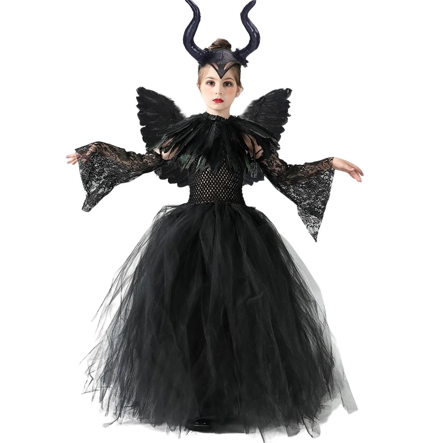 Maleficent Cosplay Gothic Black Tutu Dress with Horn Headband and Wings Girls Halloween Misstress of Evil Villain Costume 2-10Y - www.sixcolors.us