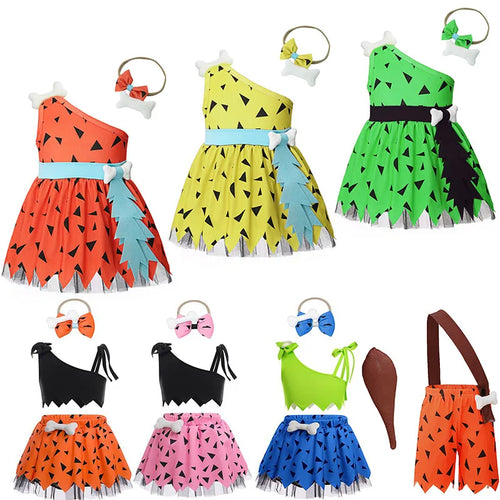 Halloween Toddler Kids Girls Boys Caveman Costume Dog Bones Historical Cavegirl Mesh Tulle Dress One-Shoulder Strap Party Outfit - www.sixcolors.us