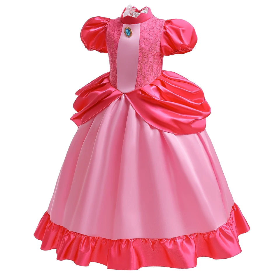 Girls Peach Princess Dress Halloween Cosplay Costume Children Cosplay Party Super Bros Plumber Clothes Birthday Party Outfits - www.sixcolors.us