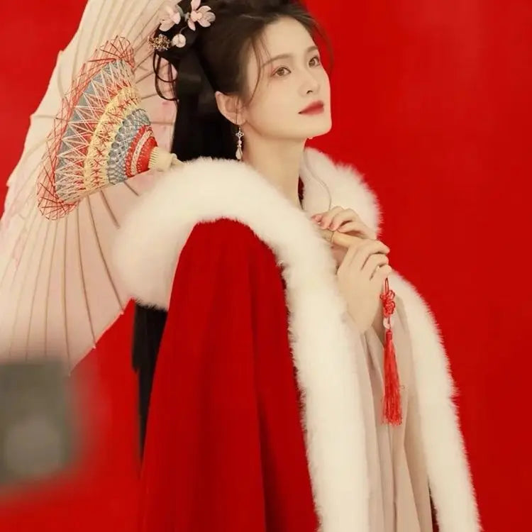 Long Cloak Hanfu Women's Antique Velvet Thickened Large Fur Collar Hooded Jacket Chinese Style Winter Cape E2624