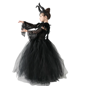 Maleficent Cosplay Gothic Black Tutu Dress with Horn Headband and Wings Girls Halloween Misstress of Evil Villain Costume 2-10Y - www.sixcolors.us