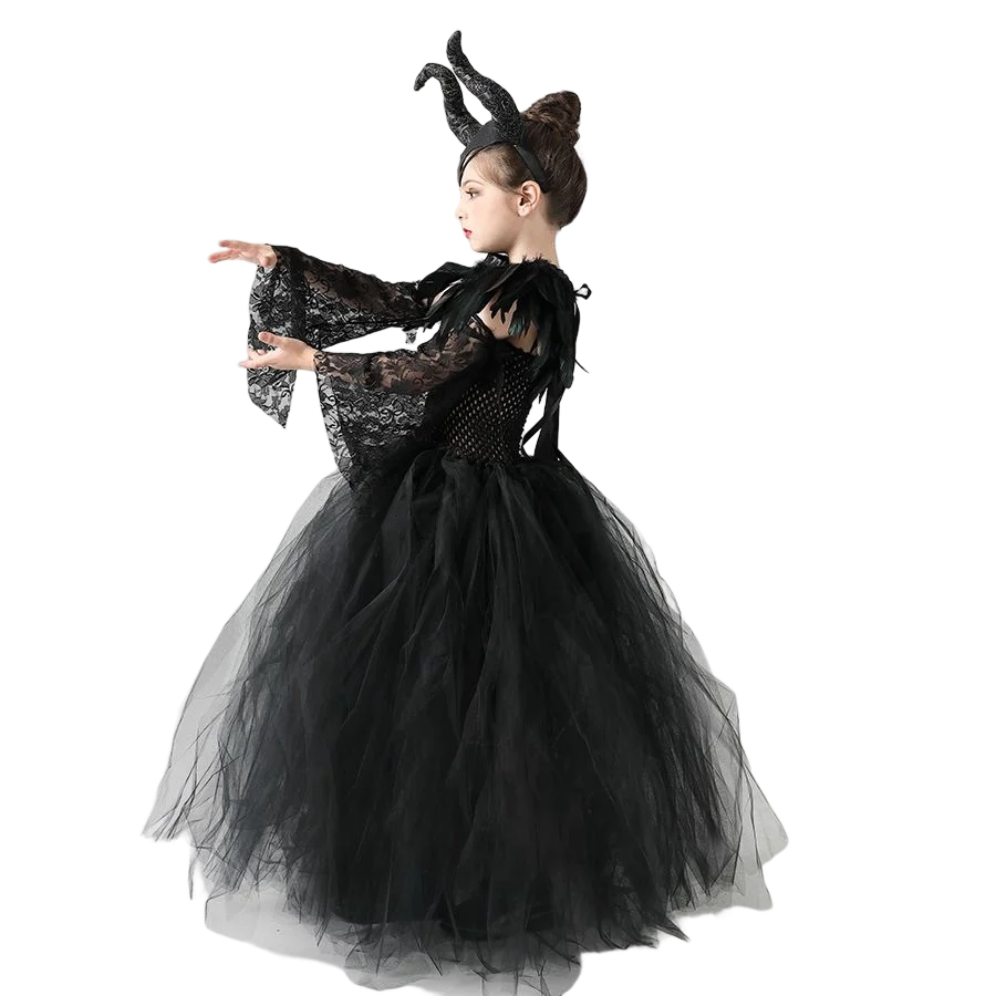 Maleficent Cosplay Gothic Black Tutu Dress with Horn Headband and Wings Girls Halloween Misstress of Evil Villain Costume 2-10Y - www.sixcolors.us