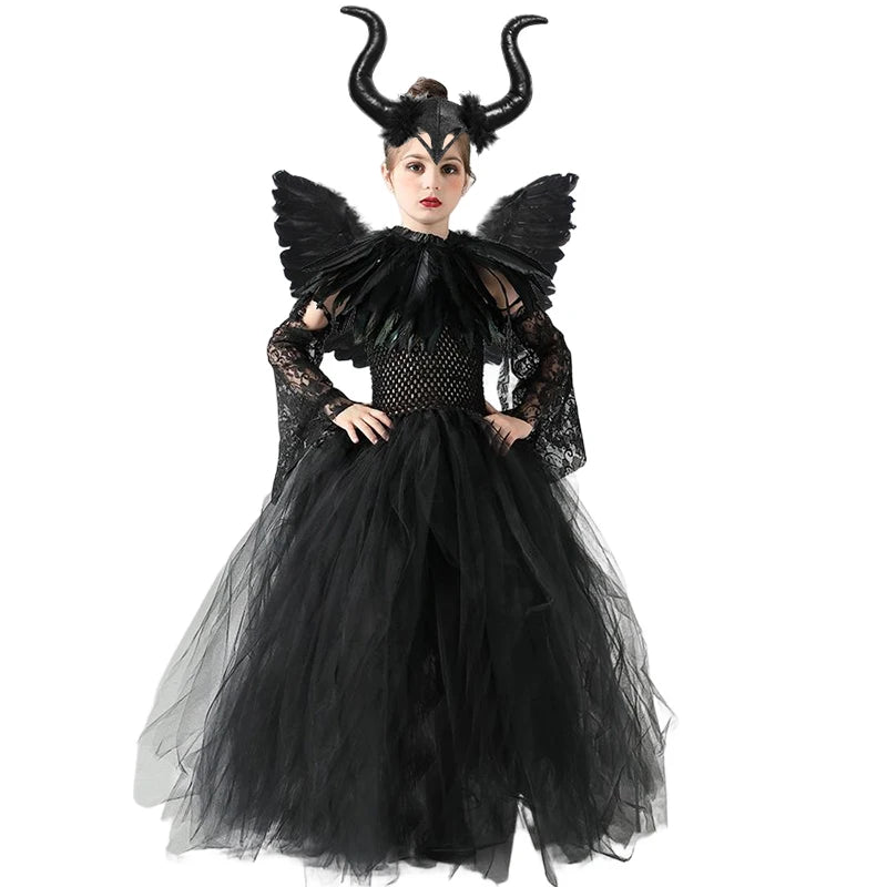 Maleficent Cosplay Gothic Black Tutu Dress with Horn Headband and Wings Girls Halloween Misstress of Evil Villain Costume 2-10Y - www.sixcolors.us