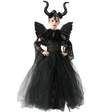 Maleficent Cosplay Gothic Black Tutu Dress with Horn Headband and Wings Girls Halloween Misstress of Evil Villain Costume 2-10Y - www.sixcolors.us