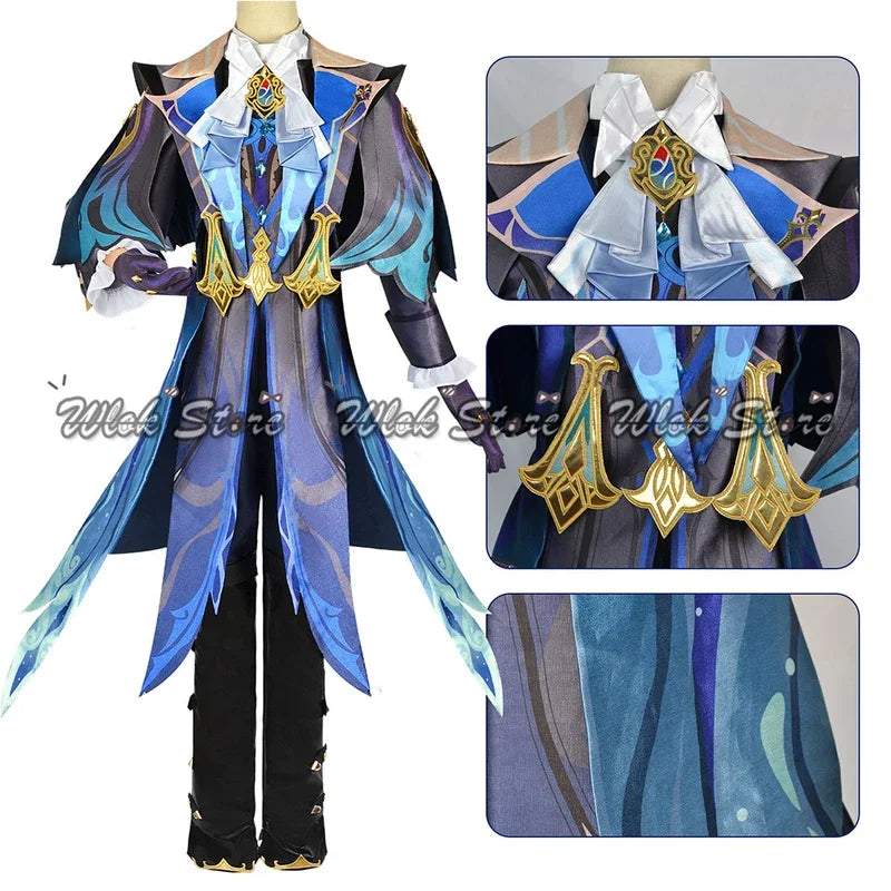 Genshin Impact Neuvillette Cosplay Costume with Leg Cover Fontaine Chief Justice Uniform Wig Boots Halloween Carnival Clothes - www.sixcolors.us