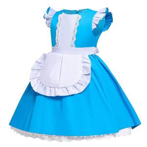 Girl Alice Cosplay Costume Children Blue Cortton Maid Lolita Dress Movie Wonderland Character Costume Halloween Disguise Clothes - www.sixcolors.us