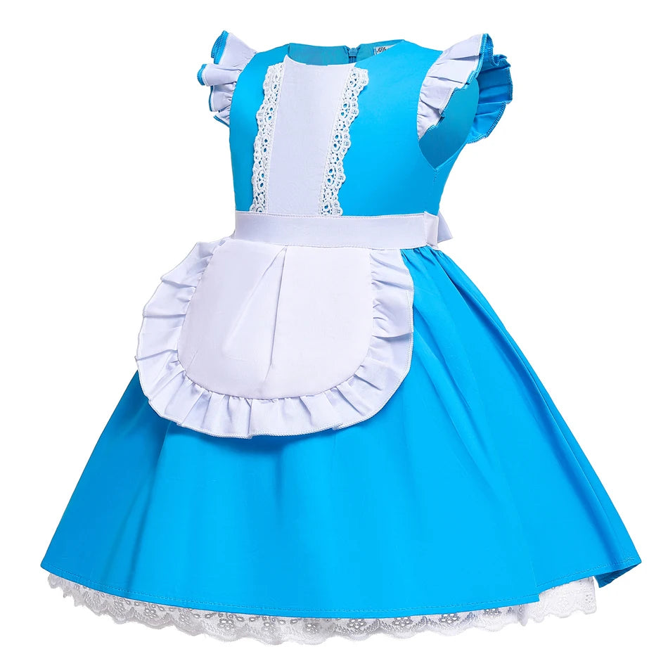 Girl Alice Cosplay Costume Children Blue Cortton Maid Lolita Dress Movie Wonderland Character Costume Halloween Disguise Clothes - www.sixcolors.us