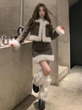 Korean Fashion Fur Patchwork Jacket Short Top Women's Autumn and Winter High Waisted Skirt Two-piece Set Female Clothing