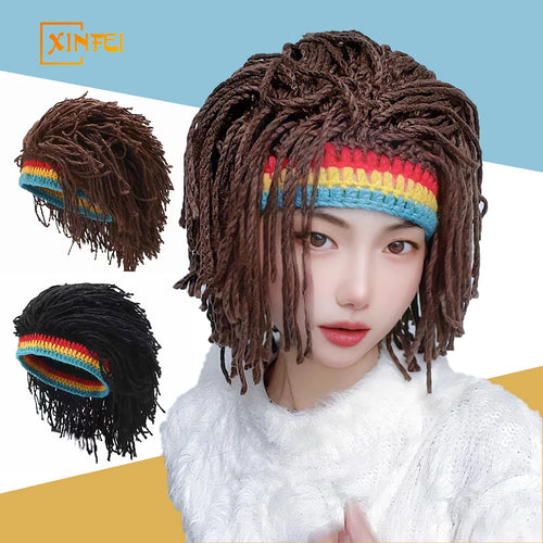 XINFEI Jamaican Knitted Wig Braid Hat Unisex Hair Hat Handmade Fancy Wig Caps Halloween Ghost House Wig Black - www.sixcolors.us