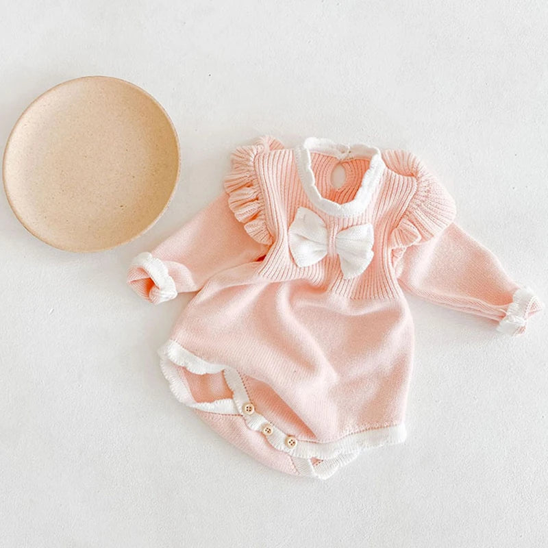 Infant Baby Girl Sweet Embroider Knit Jumpsuit s Pink Bow Princess Rompers Spring Autumn Newborn Kids Baby Girls Clothes Rompers