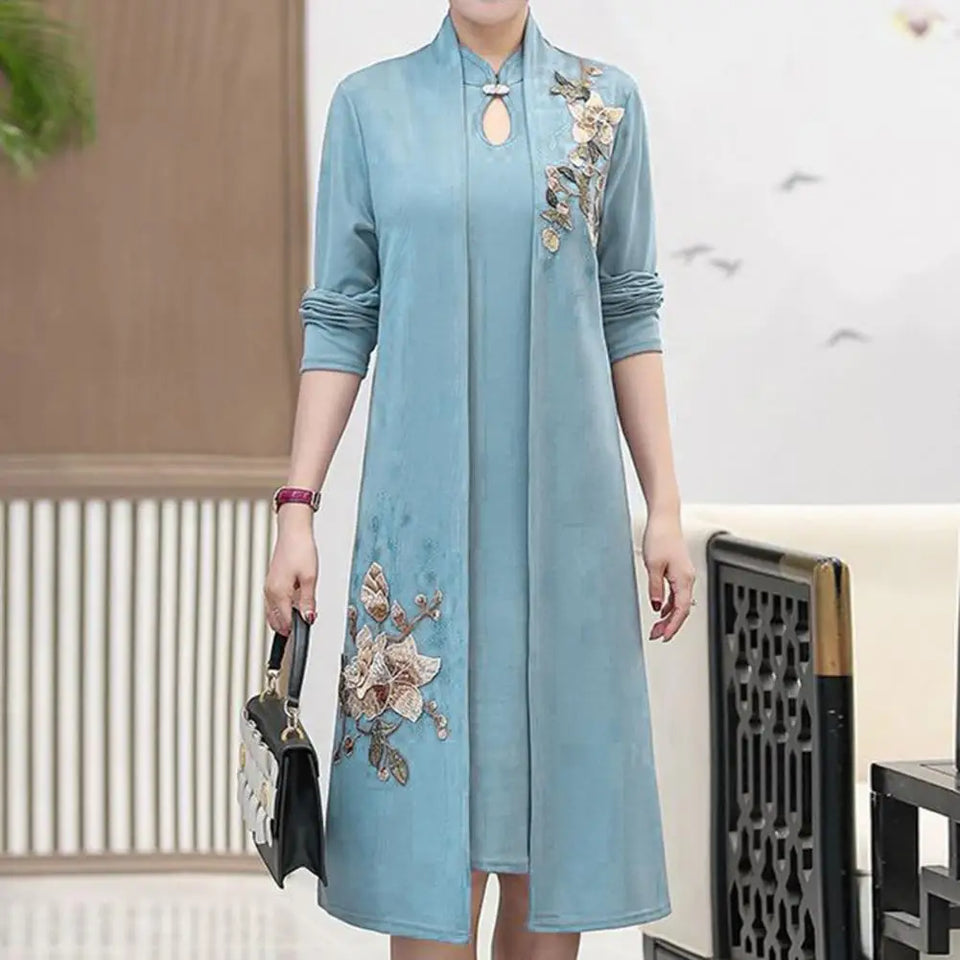 Women Dress Coat Suit Spring Fall Middle-age Ladies Female Open Front Long Cardigan O Neck Sleeveless Overcoat Jacket Dress Kit