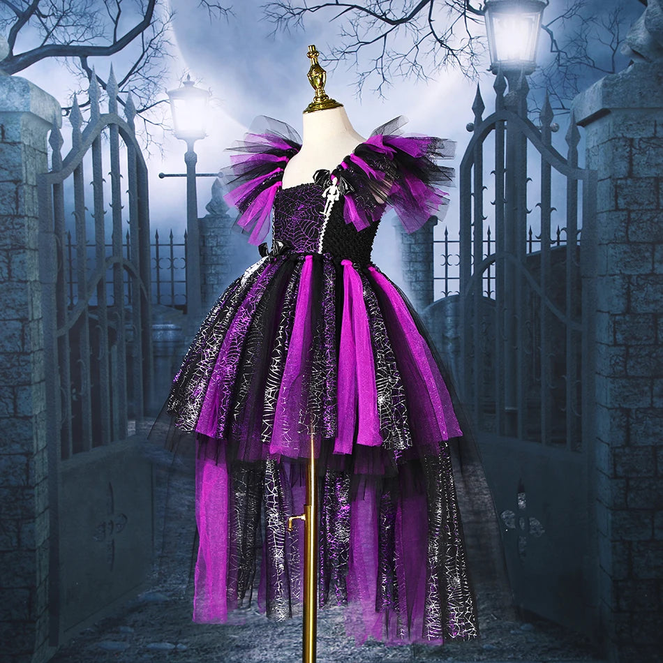 Girls Halloween Disguise Witch Costume Kid Tutu Trailing Dress Kids Carnival Cosplay Party Outfit Spider Web Design Mesh Clothes - www.sixcolors.us