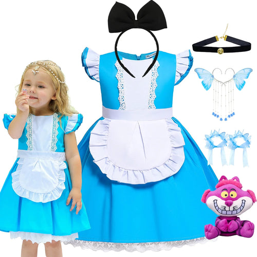 Girl Alice Cosplay Costume Children Blue Cortton Maid Lolita Dress Movie Wonderland Character Costume Halloween Disguise Clothes - www.sixcolors.us