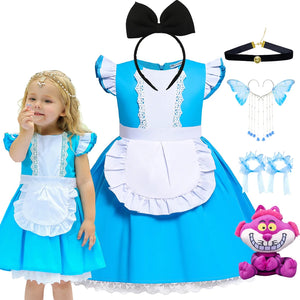 Girl Alice Cosplay Costume Children Blue Cortton Maid Lolita Dress Movie Wonderland Character Costume Halloween Disguise Clothes - www.sixcolors.us