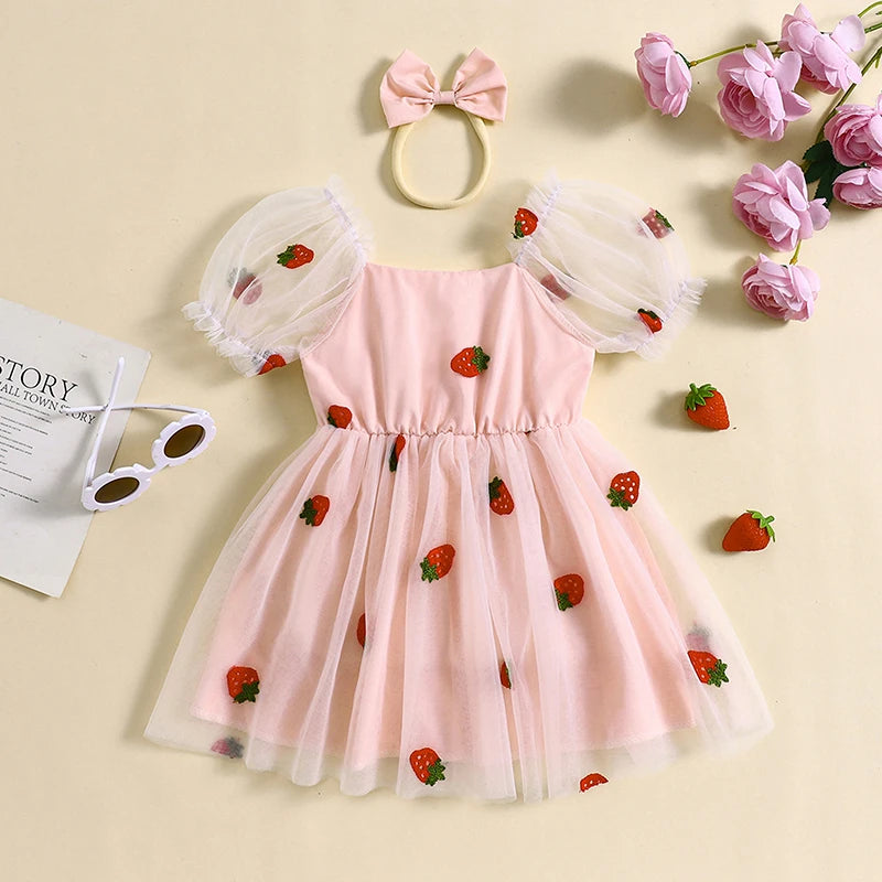 Kids Girl’s Outfit Puff Sleeve Embroidery Strawberry Tulle A-line Dress with Headband 2pcs Girls Clothes Set