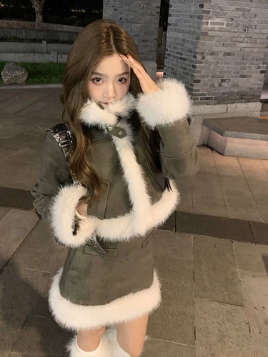 Korean Fashion Fur Patchwork Jacket Short Top Women's Autumn and Winter High Waisted Skirt Two-piece Set Female Clothing