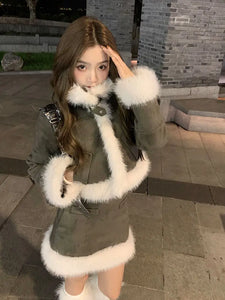 Korean Fashion Fur Patchwork Jacket Short Top Women's Autumn and Winter High Waisted Skirt Two-piece Set Female Clothing