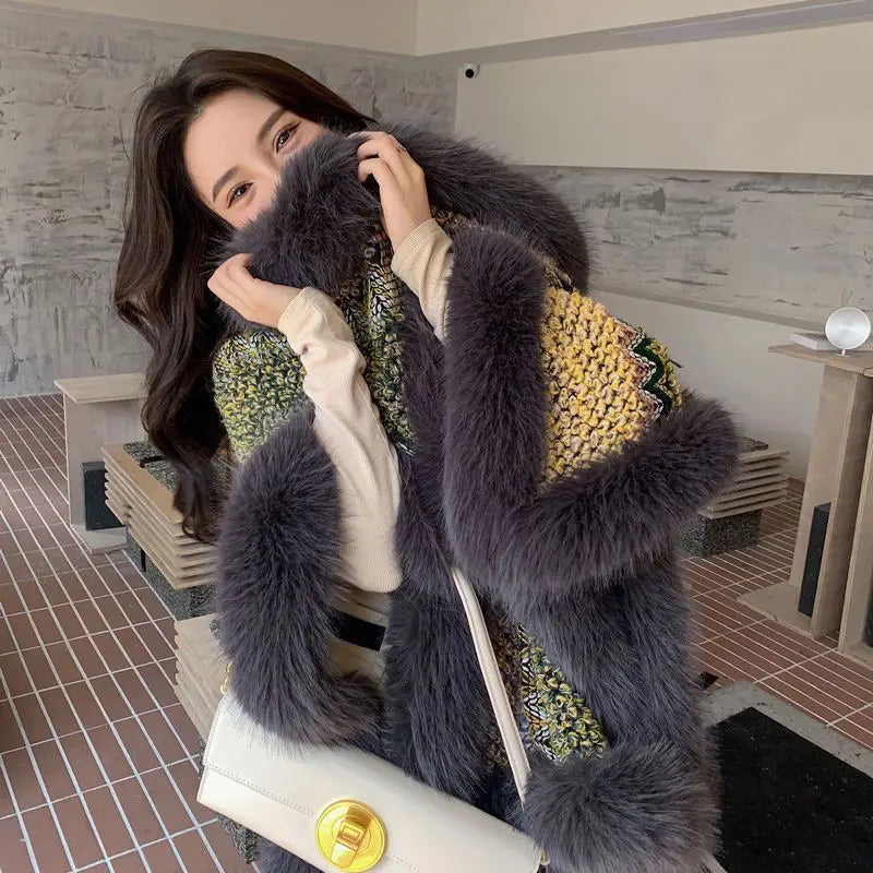 Vintage Fashion warm Faux Rex Rabbit Fur Cape Shawl Long Knit Poncho Coat Wraps Fur Pashmina Cloak Women Winter New Capes Q403