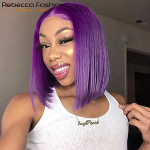 Halloween Cosplay Purple Hair 13x5x1 Transparent Lace Front Human Hair Wigs 180 Density Short Straight Lace Bob Wigs Human Hair - www.sixcolors.us