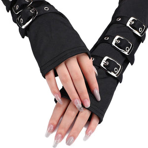 Dark Gothic Metal Buckle Half Open Finger Wristband Gloves Wrist Strap Arm Warmer Punk Cosplay Halloween Costume Accessories - www.sixcolors.us