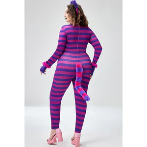 Plus Size Halloween Costume Purple Long Sleeve Stripe Cosplay Kitten Knitted Jumpsuit (With Headwear And Gloves) - www.sixcolors.us