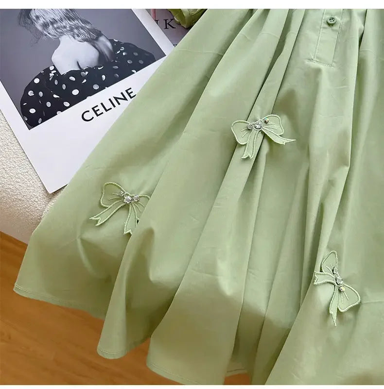 summer A-line baby girls dress princess short sleeve bow patch puff sleeve kids clothes Korean open back vestidos 4 to 16 years