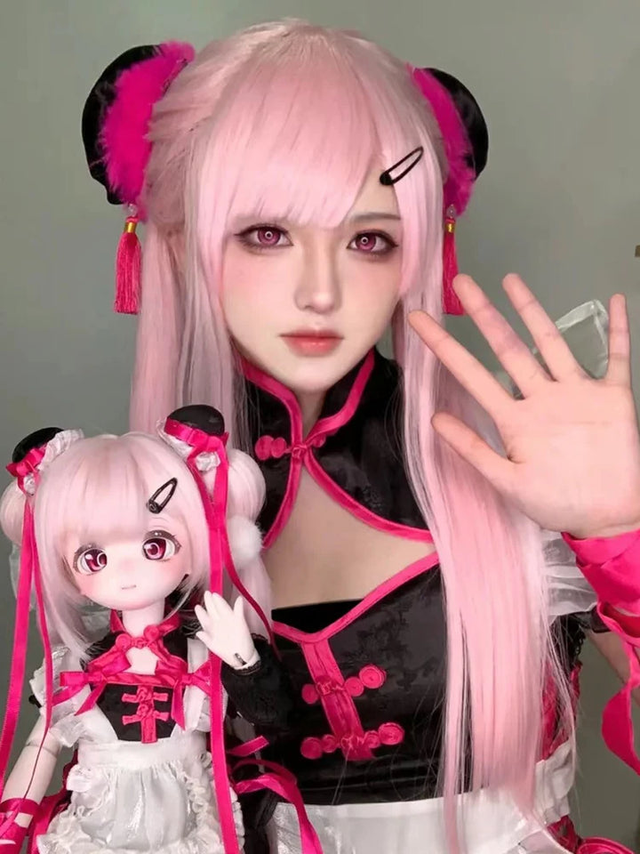 Pink Wig Women's Long Hair Air Bangs Long Straight Hair Lolita Natural round Face Halloween Cos Full-Head Wig Style - www.sixcolors.us