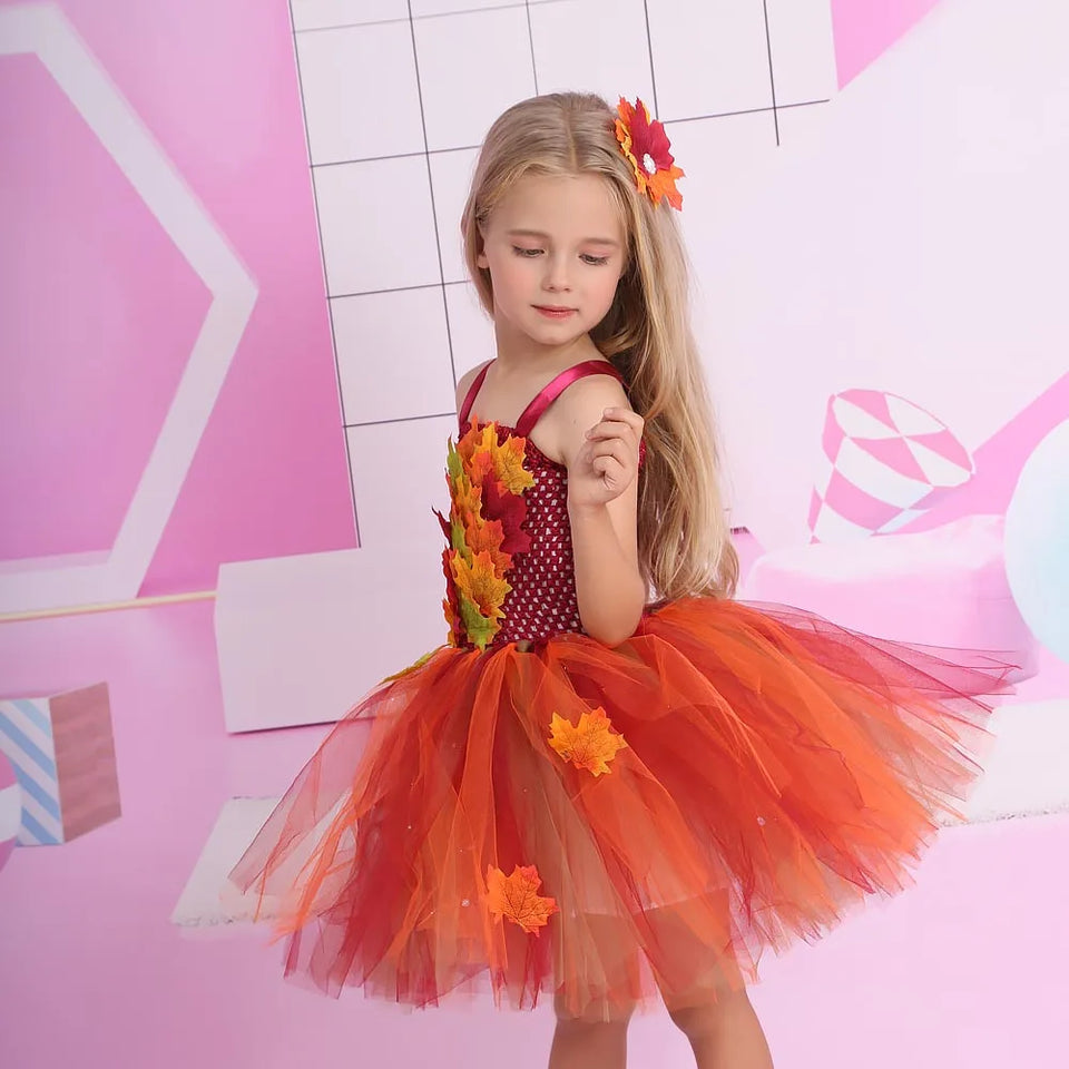 Autumn Fairy Girls Costume Tutu Dress Kids Halloween Tulle Dress Woodland Cosplay Princess Dress Children Festival Costume - www.sixcolors.us