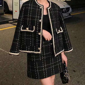 Women Fried Street Tweed Suit 2023 New Spring Autumn Wool Jacket + Skirt Female Fashion Loose Tweed Skirts Two-Piece Set