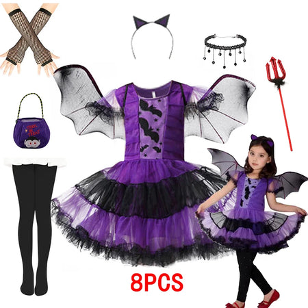 Halloween Girls Purple Bat Dress Kids Fancy Cosplay Vampire Demon Costume With Wing Headwear Carnival Witch Role Play Clothes - www.sixcolors.us
