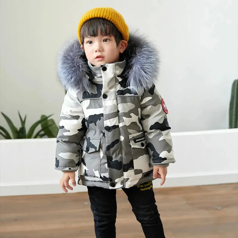 Children's Winter White Duck Down Jacket for Girl Clothes Parka Boy Camouflage Coats Ski Suit Thick Fur Kids Snowsuit -30 degree