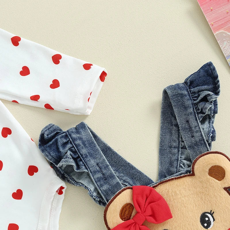 Baby Girl Valentine s Day Clothes Heart Print Long Sleeve Romper with Bear Embroidery Denim Overalls Pants Headband