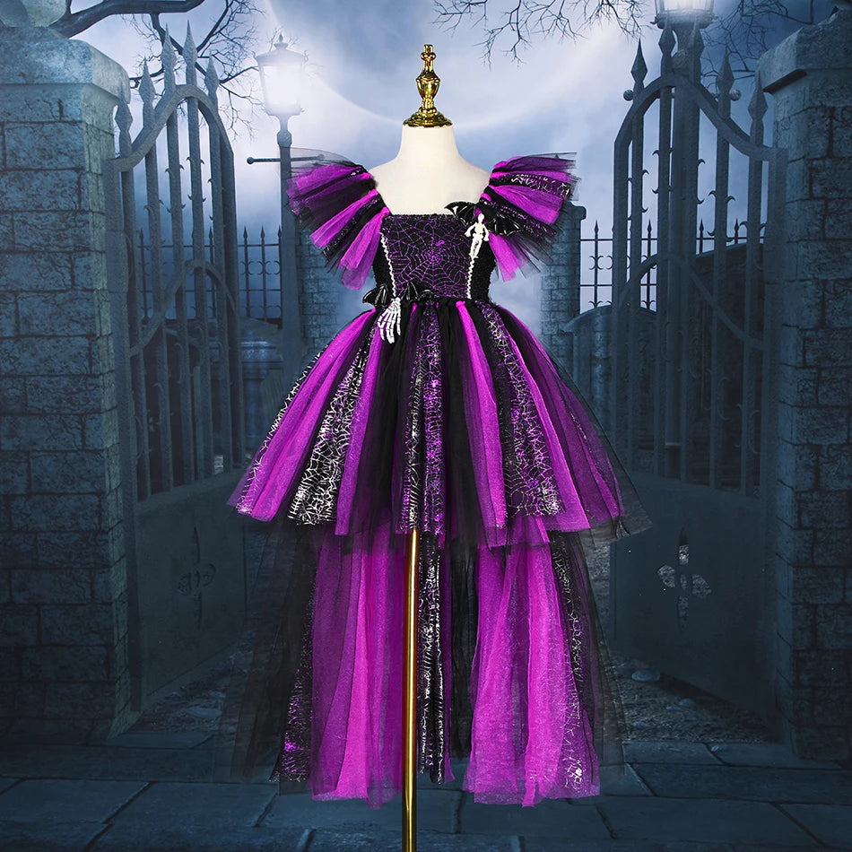 Girls Halloween Disguise Witch Costume Kid Tutu Trailing Dress Kids Carnival Cosplay Party Outfit Spider Web Design Mesh Clothes - www.sixcolors.us