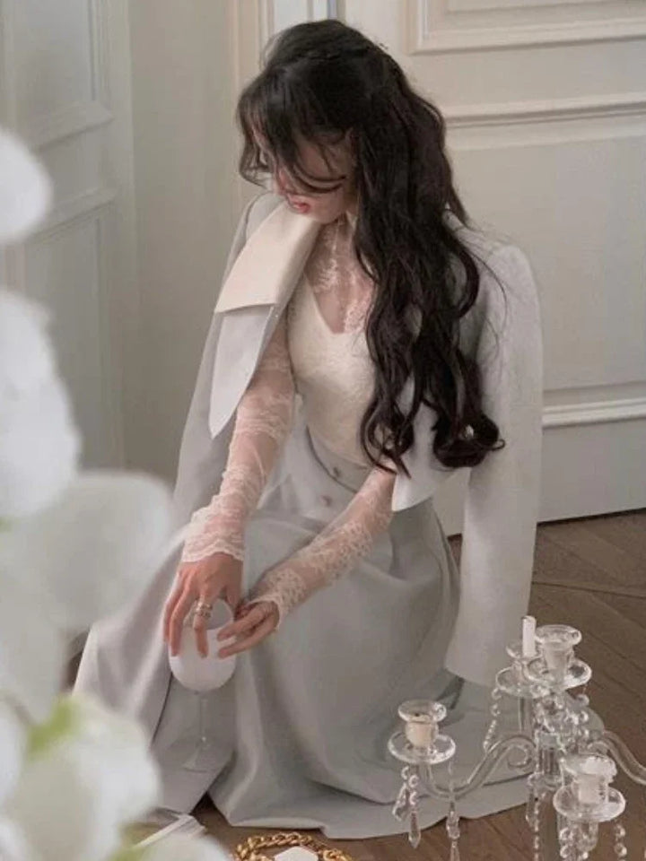 Skirt Jacket Sets Women Elegant Sweet Simple Fashion Tender Ruffles Autumn Design Korean Style Empire Cozy Leisure Temperament