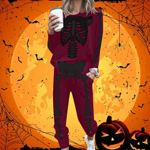 Women Tops Long Pants Suit Fashion Halloween Skeleton Print Long Sleeve T-Shirt Loose Sportswear Casual Two Piece Outfits Fall - www.sixcolors.us