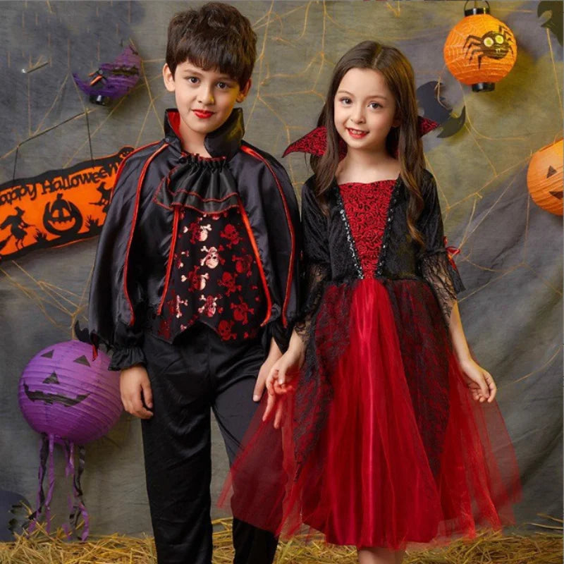 2024 Girls Cosplay Vampire Halloween Dress For Kids Ghost Bride Gothic Costume Count Vampiran Carnival Outfit Black Red Clothes - www.sixcolors.us