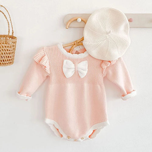 Infant Baby Girl Sweet Embroider Knit Jumpsuit s Pink Bow Princess Rompers Spring Autumn Newborn Kids Baby Girls Clothes Rompers