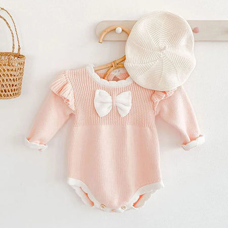 Infant Baby Girl Sweet Embroider Knit Jumpsuit s Pink Bow Princess Rompers Spring Autumn Newborn Kids Baby Girls Clothes Rompers
